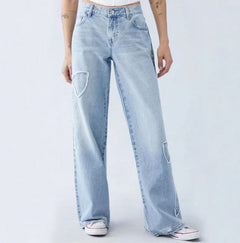 Women's Straight Trousers Embroidered Side Frayed Butterfly Jeans Street Design Hot Girl Baggy Pants