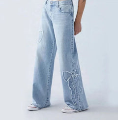Women's Straight Trousers Embroidered Side Frayed Butterfly Jeans Street Design Hot Girl Baggy Pants