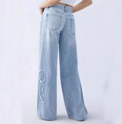 Women's Straight Trousers Embroidered Side Frayed Butterfly Jeans Street Design Hot Girl Baggy Pants