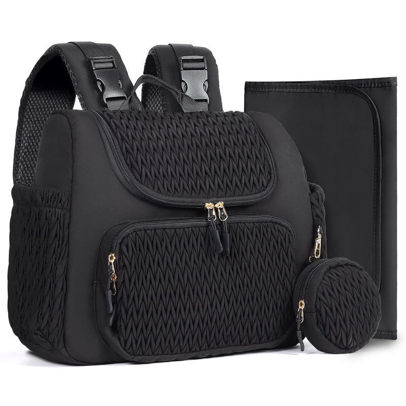 Geestock Diaper Bag Backpack Multifunction Quilted Baby Diaper Bag with Changing Pad Pacifier Case & Stroller Straps Parents Essentials Black